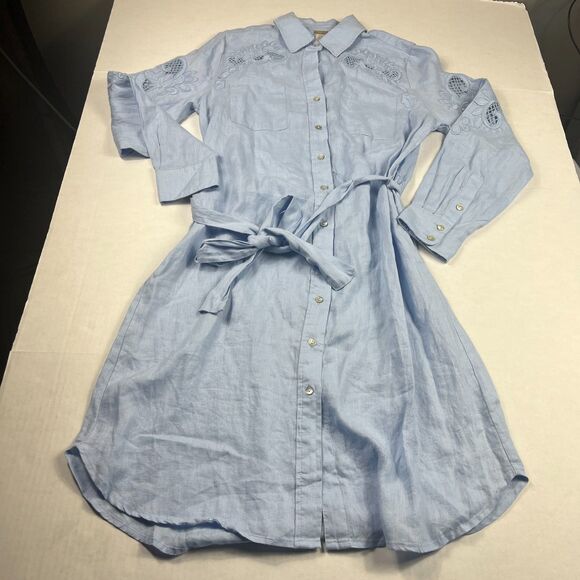 Magaschoni Linen Button Shirt Dress Blue Tie Waist Long Sleeve Embroidered M - Picture 1 of 9